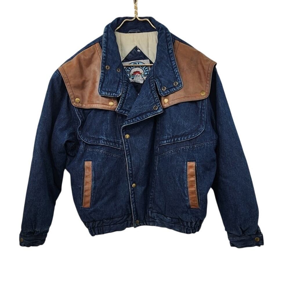 Vintage Petroleum Denim Jacket 80's Leather Patch Quilted Lined Jacket Small‎